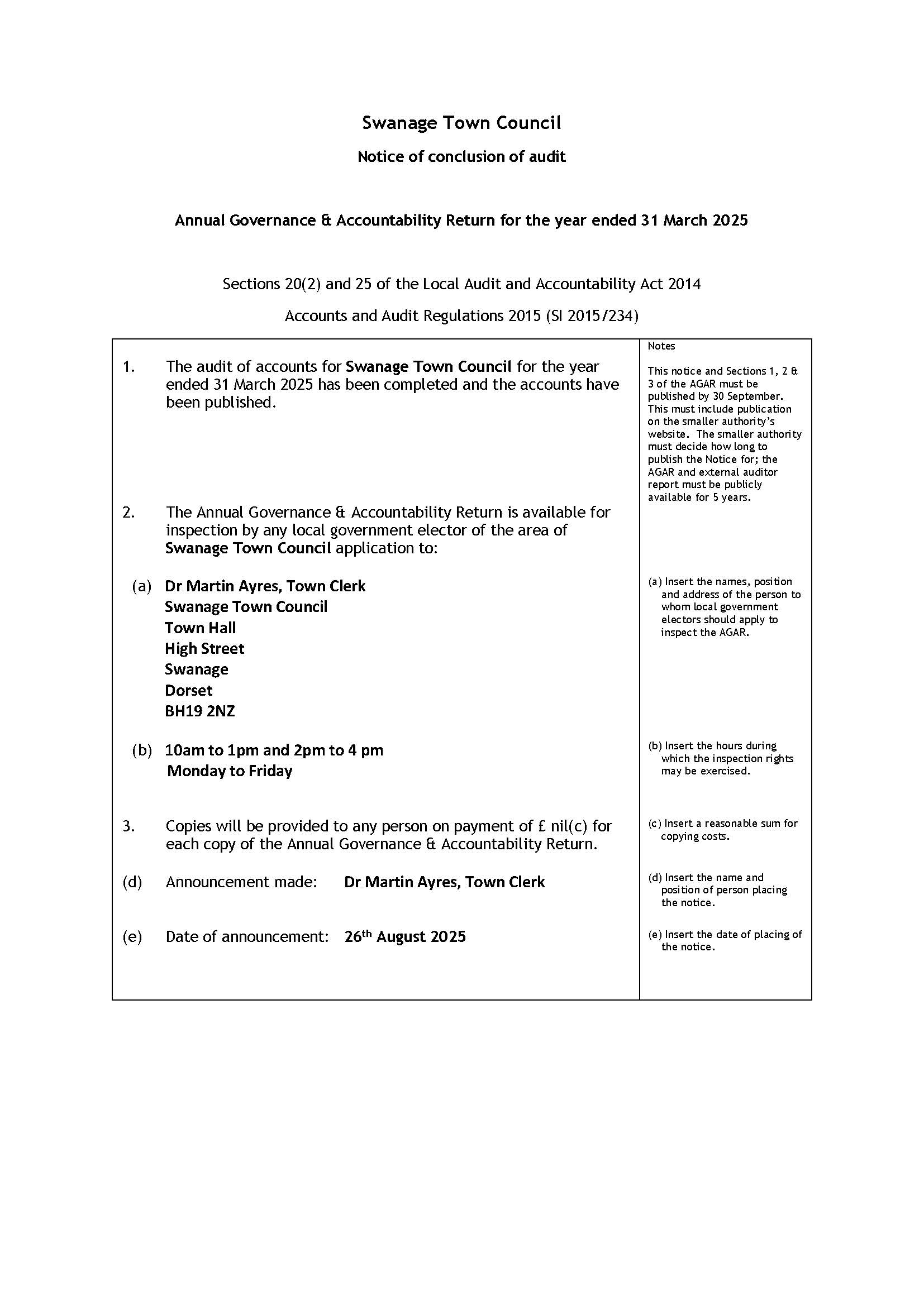 Audit Testing Conclusion Sample AGAR - Notice of Conclusion of Audit | Swanage Town Council