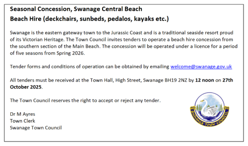 Tender Opportunity: Seasonal Concession, Swanage Central Beach - Beach Hire (deckchairs, sunbeds, pedalos, kayaks etc.)