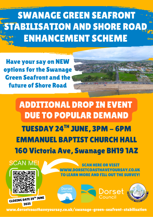 Drop in event poster regarding Swanage Green Seafront Stabilisation and Shore Road Enhancement Scheme