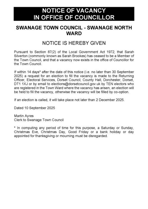 NOTICE OF VACANT SEAT ON SWANAGE TOWN COUNCIL